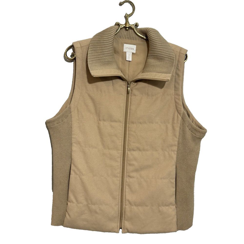 Chico's Woman Vest Quilted Tan‎ Beige Vest Rib Knit Jacket  Size Size 3